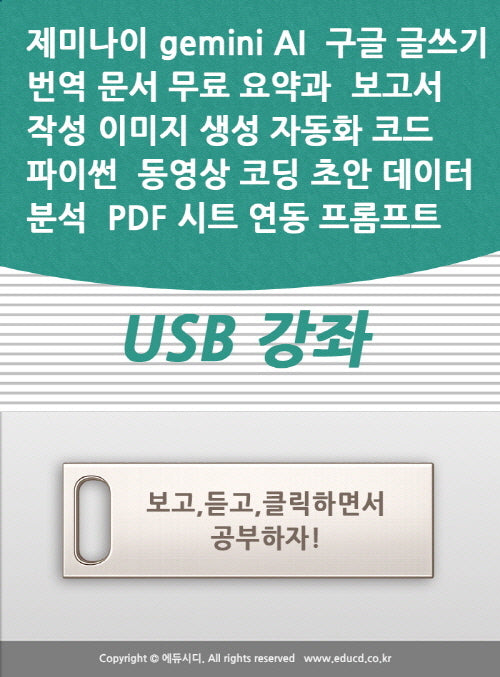 제미나이 gemini AI 구글 글쓰기 번역 문서 무료 요약과 보고서 작성 이미지 생성 자동화 코드 파이썬 동영상 코딩 초안 데이터 분석 PDF 시트 연동 프롬프트 USB 강좌