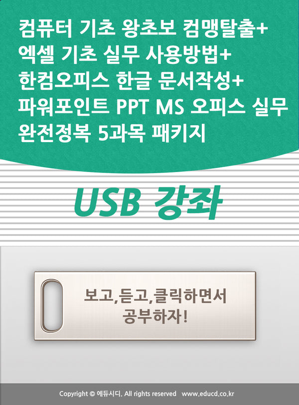 컴퓨터 기초 왕초보 컴맹탈출+엑셀 기초 실무 사용방법+한컴오피스 한글 문서작성+파워포인트 PPT MS 오피스 실무 완전정복 5과목 패키지 USB 강좌